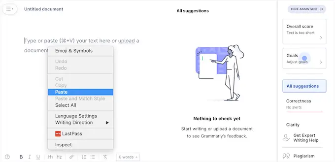Grammarly ライティング アシスタントに Google ドキュメントを貼り付ける Pasting a Google Doc into the Grammarly writing assistant