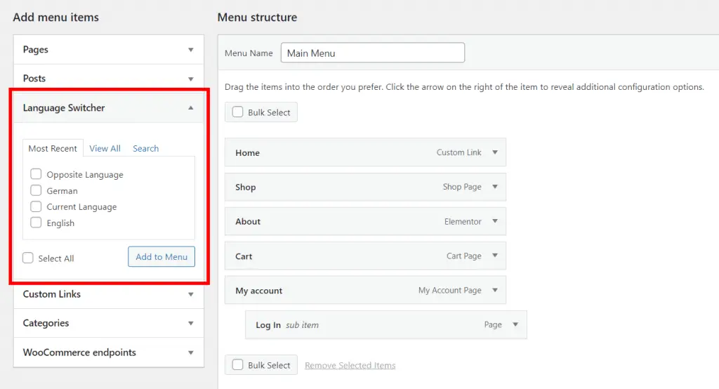 ตัวสลับภาษา WordPress ในเมนู