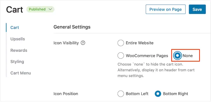 Configuración de 'visibilidad de icono' de FunnelKit FunnelKit's 'icon visibility' settings