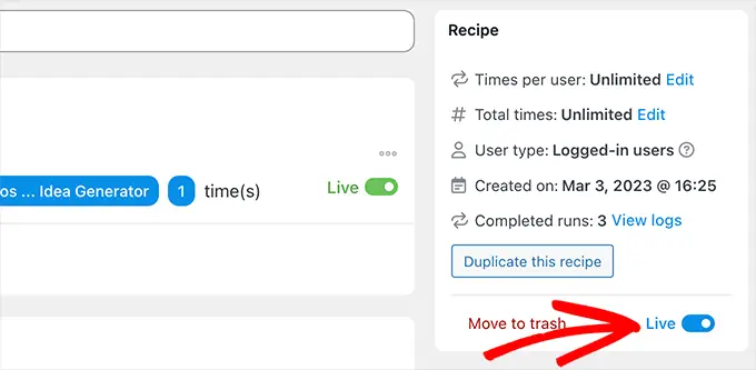 Automator 레시피를 라이브로 만드십시오. Make the Automator recipe live.