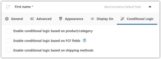 字段的高级设置。在 WooCommerce 结帐中设置条件逻辑。