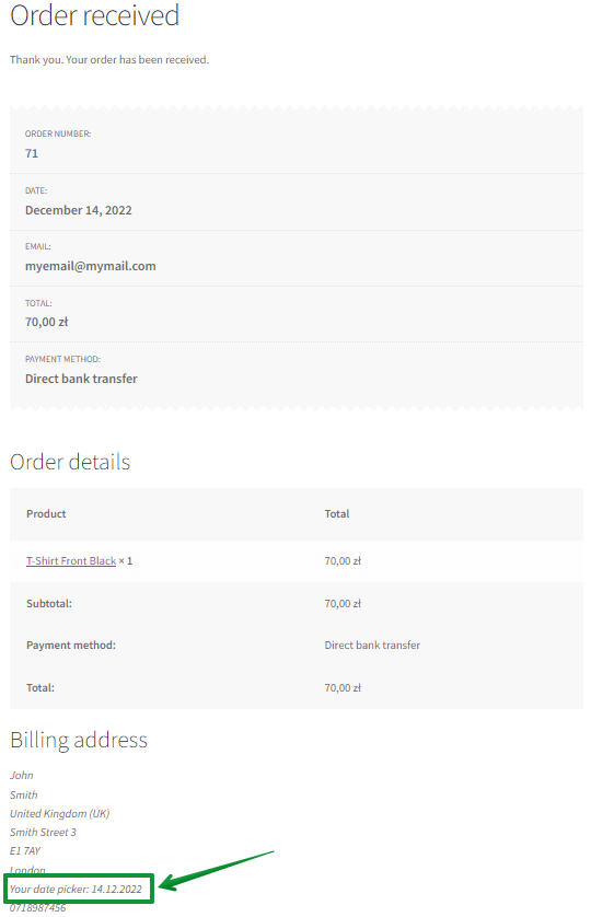 Date dans les détails de facturation de la commande WooCommerce