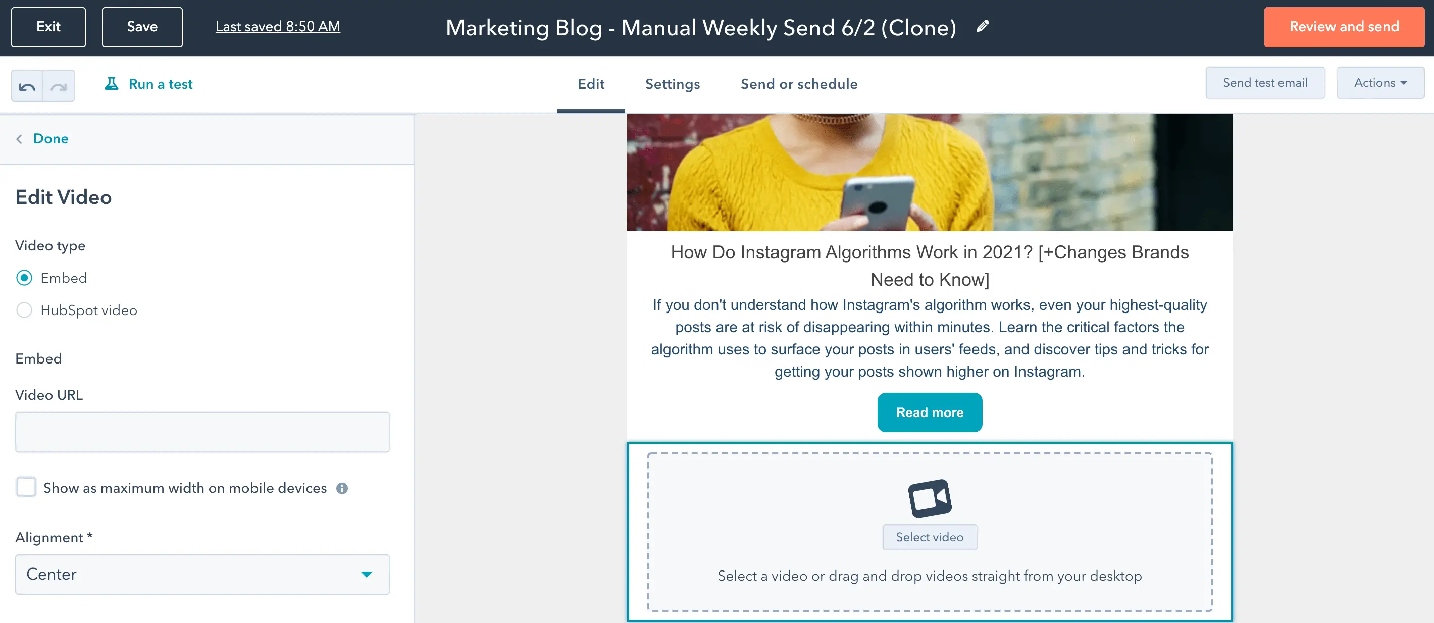 embJak osadzić wideo w wiadomości e-mail, używając adresu URL lub przesłanego wideo w narzędziu e-mail HubSpot.ed-video-hubspot-select