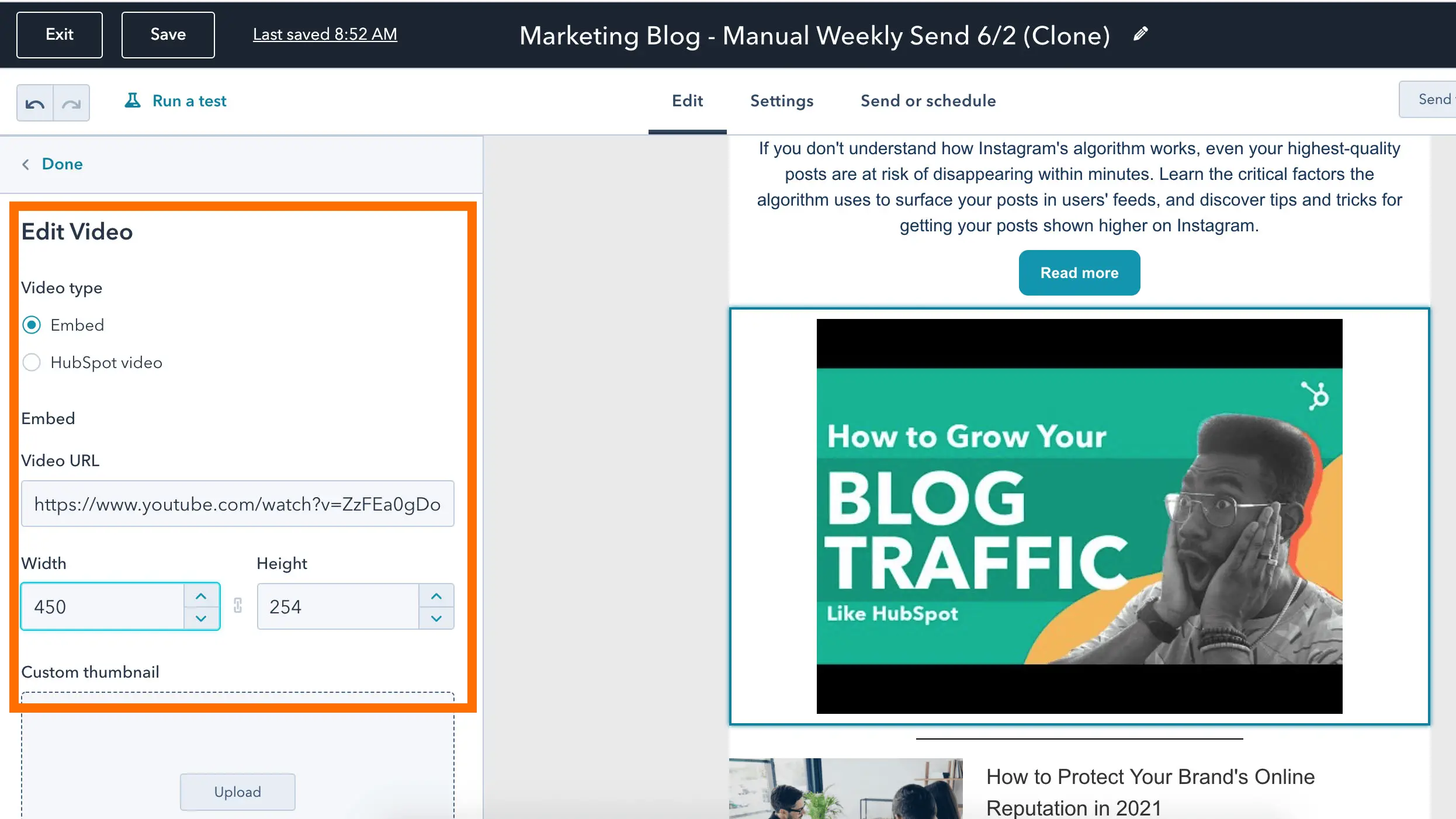 Jak osadzić wideo w wiadomości e-mail, edytując wideo za pomocą narzędzia e-mail HubSpot.