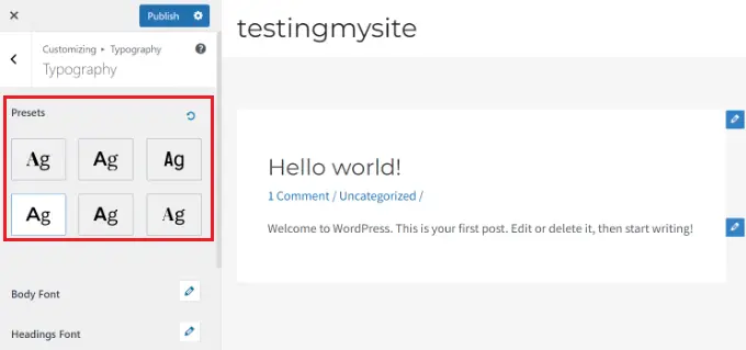 Cambia carattere nel personalizzatore del tema Change font in theme customizer