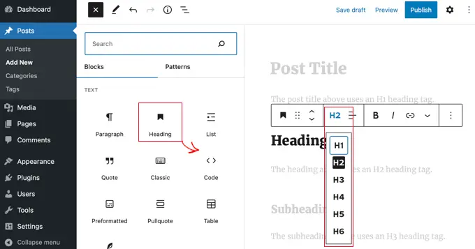 Puoi facilmente aggiungere tag di intestazione senza codice utilizzando l'editor a blocchi di WordPress