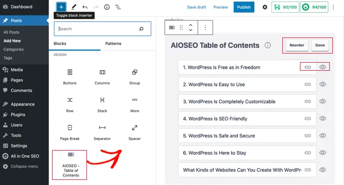 Aggiungi un blocco Sommario AIOSEO al post o alla pagina Add an AIOSEO Table of Contents Block to the Post or Page