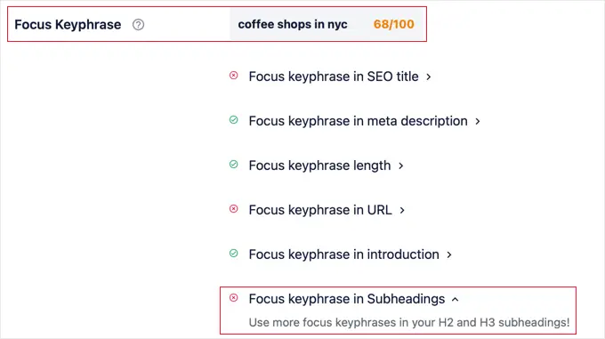 AIOSEO ti consiglierà quando dovresti usare la frase chiave Focus in più sottotitoli