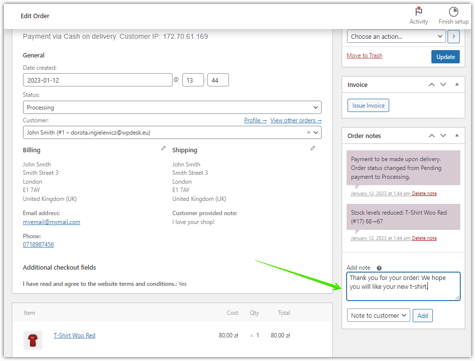 Adicione uma nota privada e envie uma nota para o cliente na tela de edição de pedidos do WooCommerce