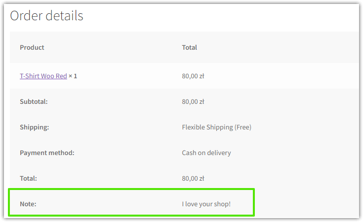 Nota do cliente enviada para o pedido WooCommerce usando a seção Notas do pedido