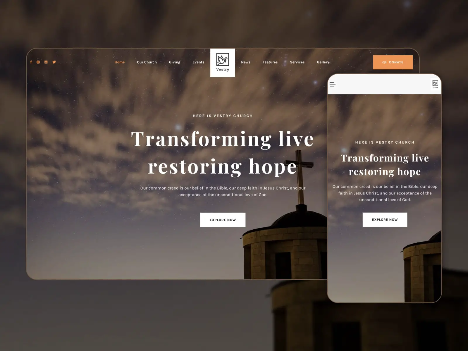 Vestry 教会のコラージュ WordPress テーマのデモは、茶色、青、白の色で表示されます。
