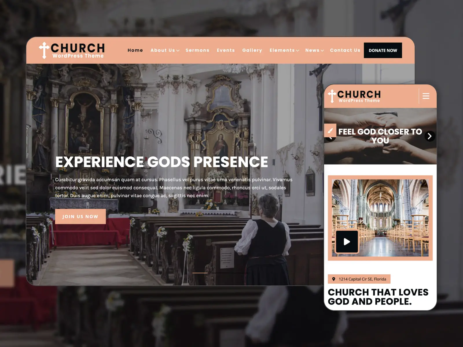 WordPress に基づく Church Lite 無料テーマのデモ Web サイトのコラージュ。