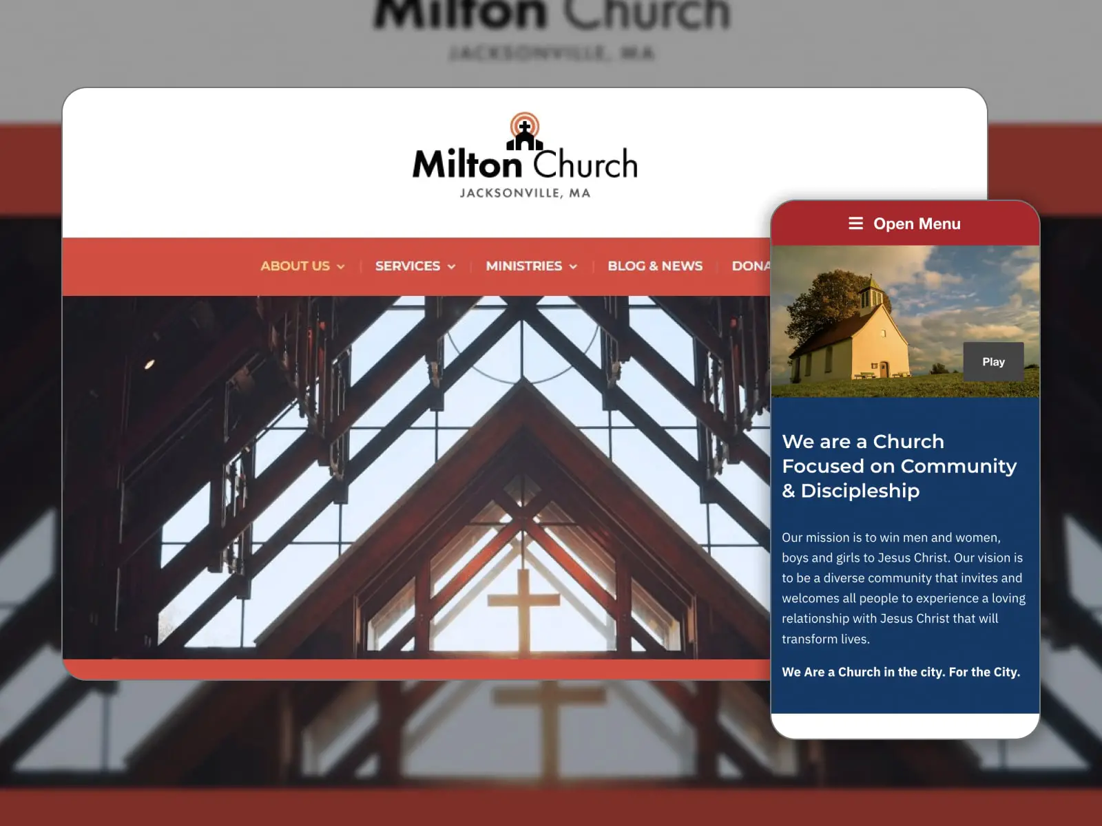 Milton Lite の無料の WordPress テーマのデモ サイトのコラージュ。赤、白、紺色で表示されます。