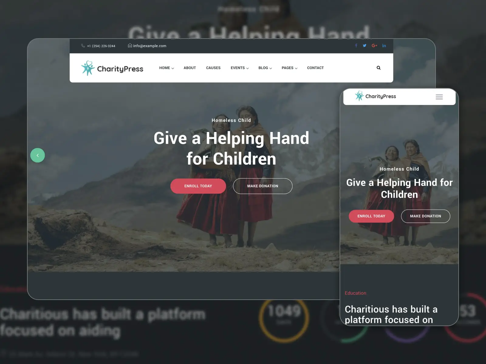 Charitious WordPress デモ Web サイトのコラージュは、濃い緑と白の色で表示されます。