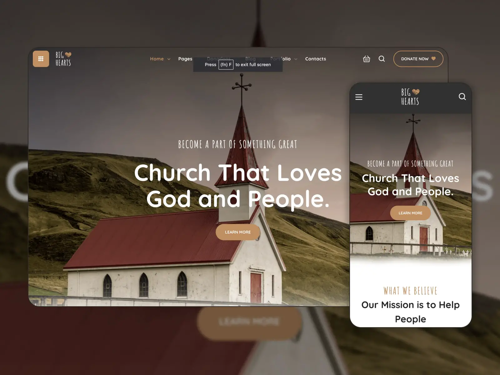 WordPress で構築された Bighearts 教会のウェブサイトのコラージュ。