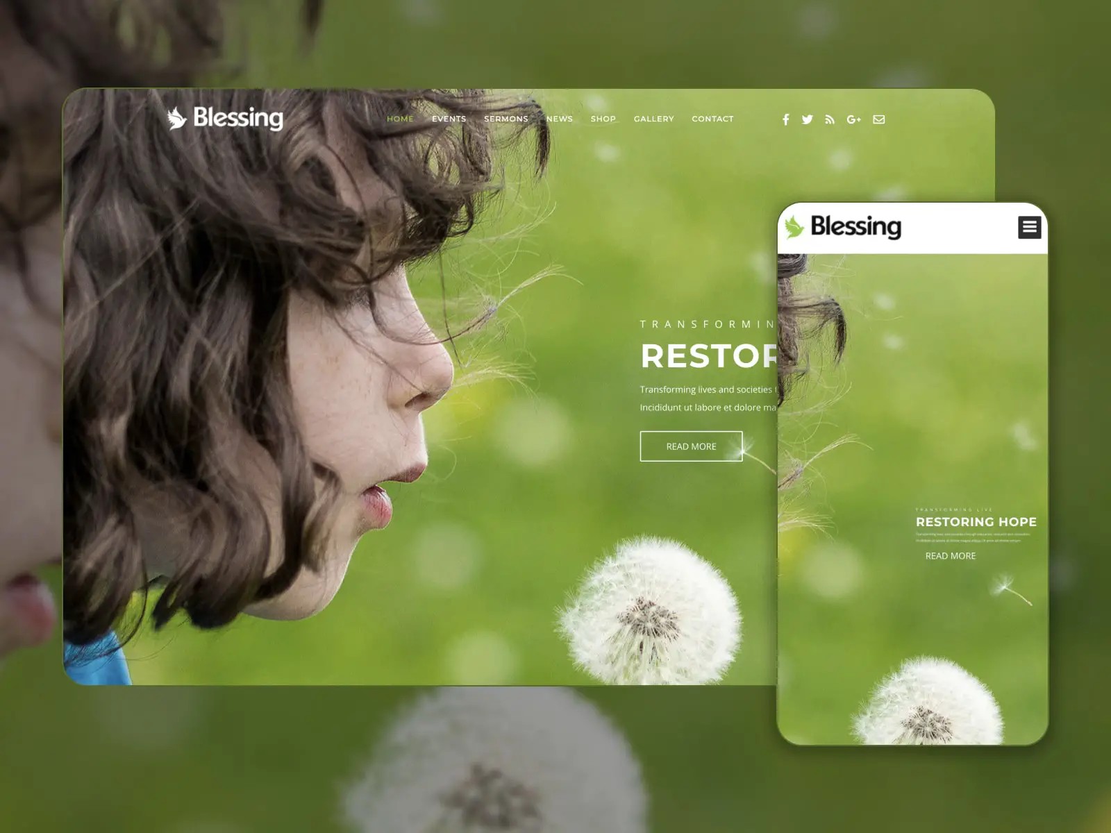 Blessing WordPress テーマで構築された、白と薄緑の教会デモ Web サイトのコラージュ。