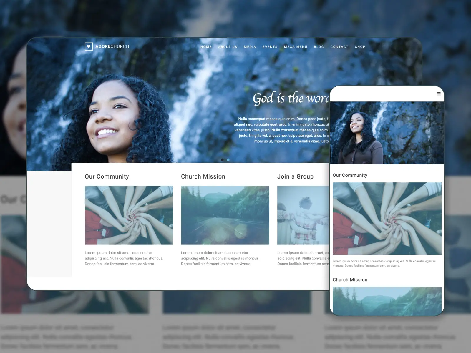 濃い青、青、白の色の Adore Church デモ Web サイトのコラージュ。