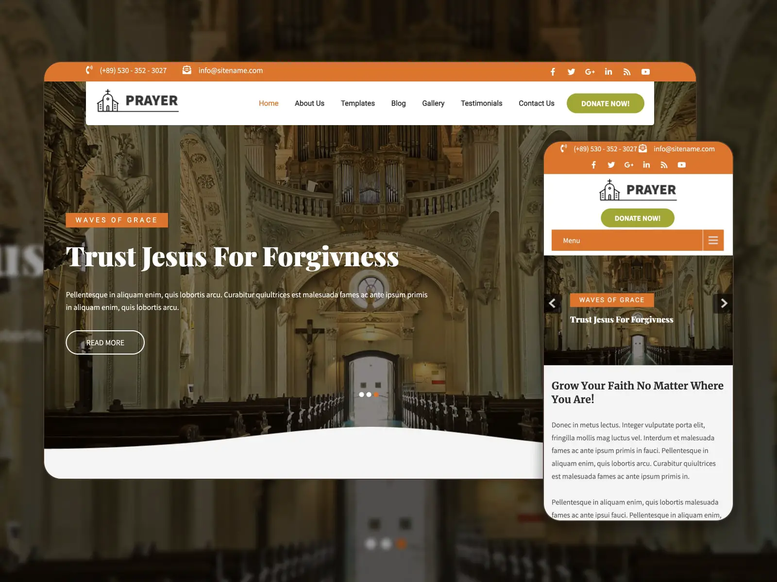 茶色、オレンジ、白の色の Prayer Lite WordPress テーマで構築された無料の教会の WordPress ウェブサイトのコラージュ。