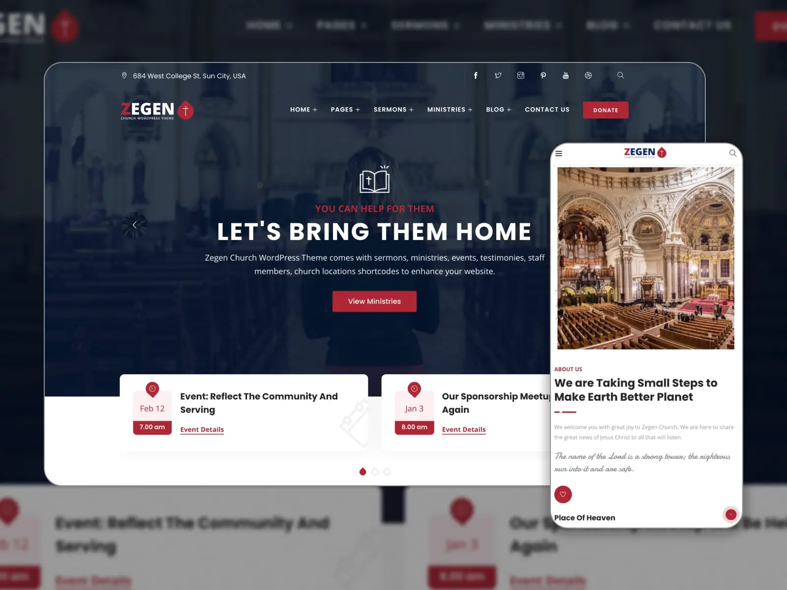 濃い青、茶色、白の色の Zegen WordPress 教会テーマのコラージュ。