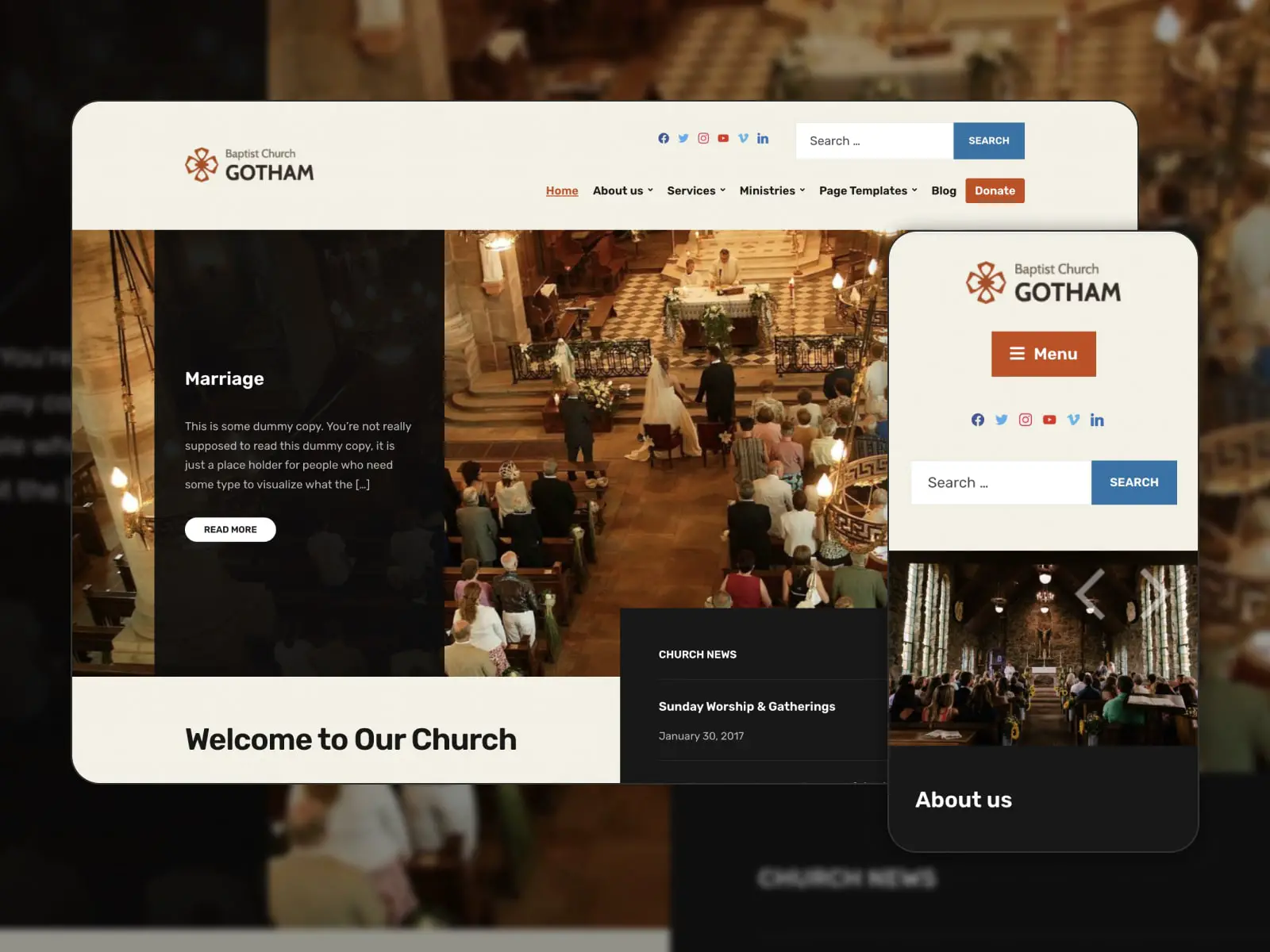 無料の Faith 教会の WordPress テーマのデモ ページのコラージュは、茶色、濃い茶色、白の色で表示されます。