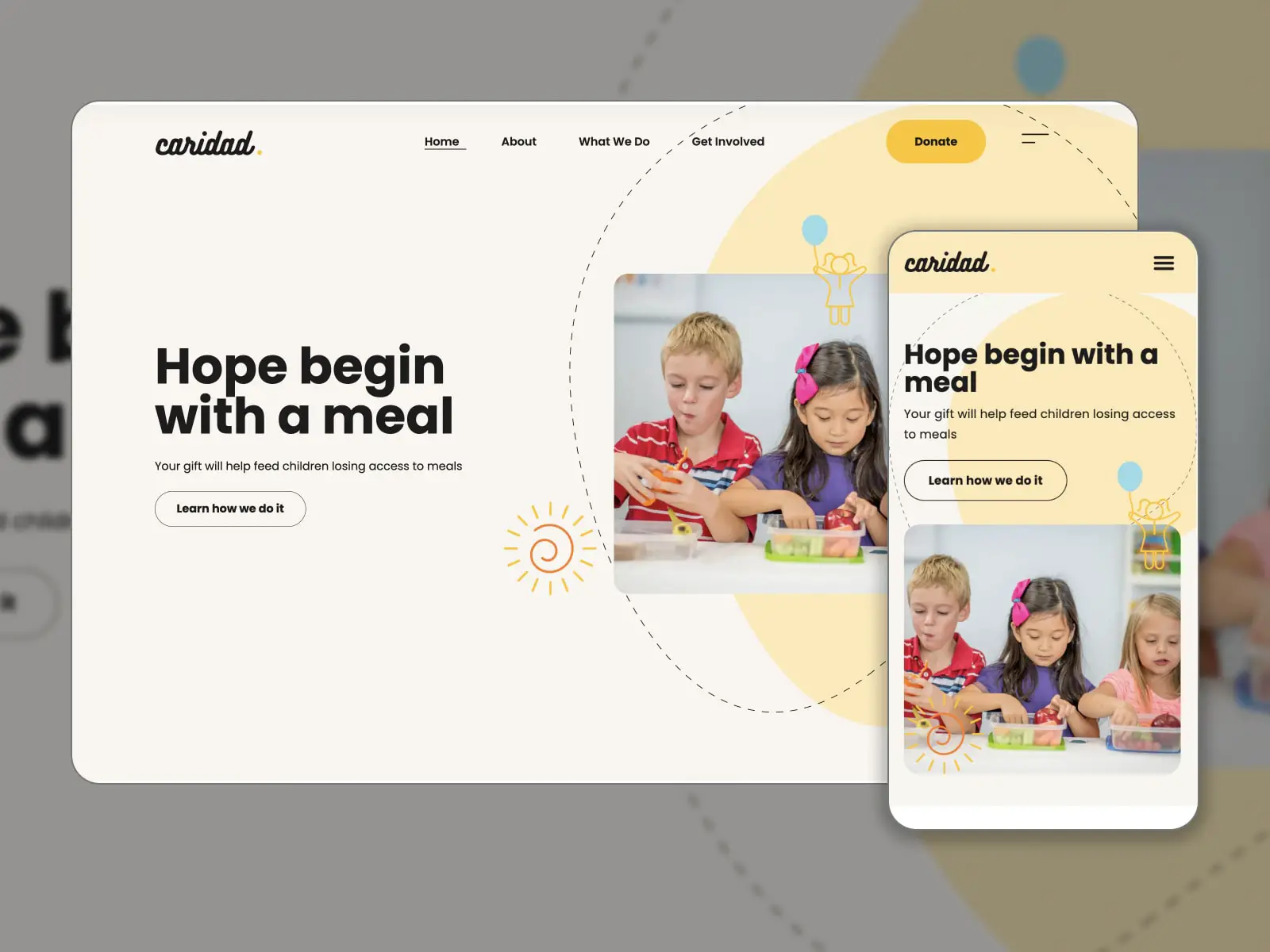 グラデーションの黄色とオレンジ色の Caridad WordPress テーマのデモ サイトのコラージュ。