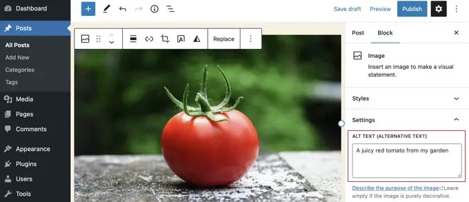 Agregar texto alternativo a una imagen en el editor de bloques de WordPress