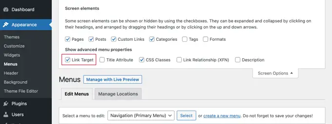 เลือกตัวเลือกลิงก์เป้าหมาย Select Link Target option