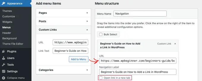 เปิดลิงก์ภายนอกในแท็บใหม่ในเมนู Open external link in a new tab in menu
