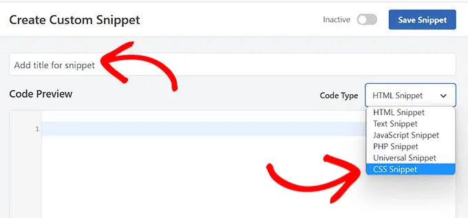 Pilih Cuplikan CSS sebagai jenis kode