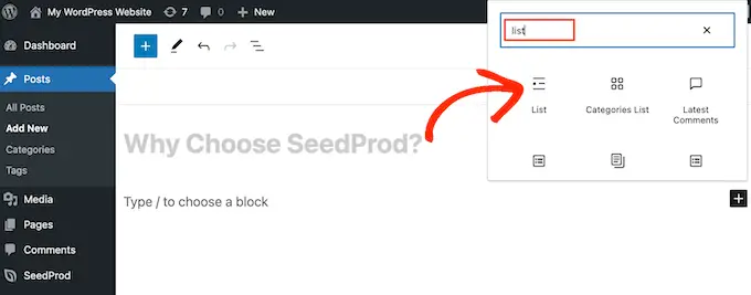 Ajouter un bloc Liste à une page ou un article WordPress Adding a List block to a WordPress page or post