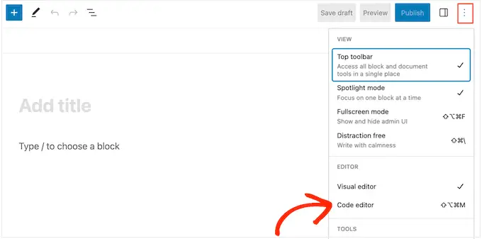 Ouverture de l'éditeur de code WordPress Opening the WordPress code editor