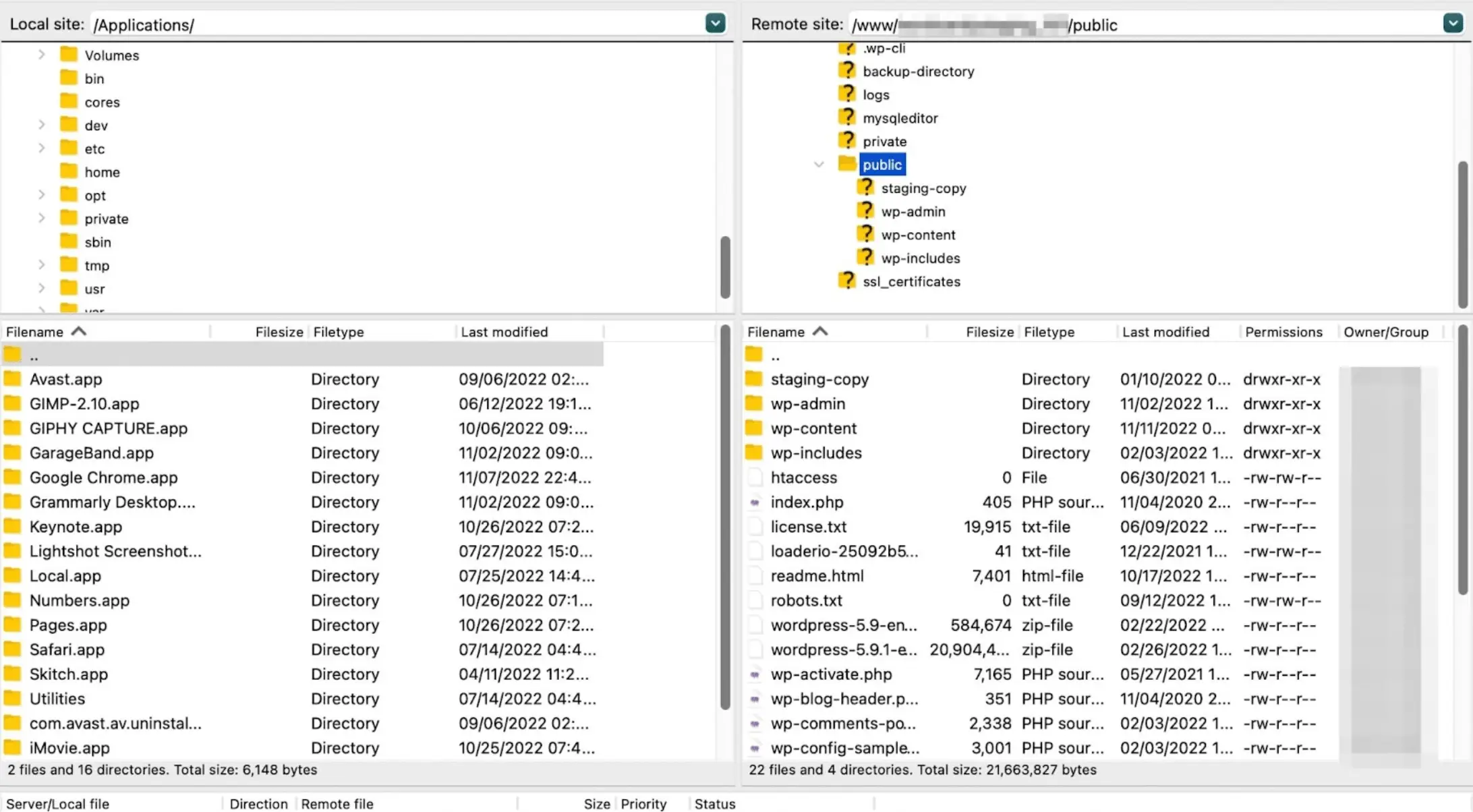 Akses direktori root WordPress di FileZilla dan unggah file html yang Anda inginkan ke WordPress.