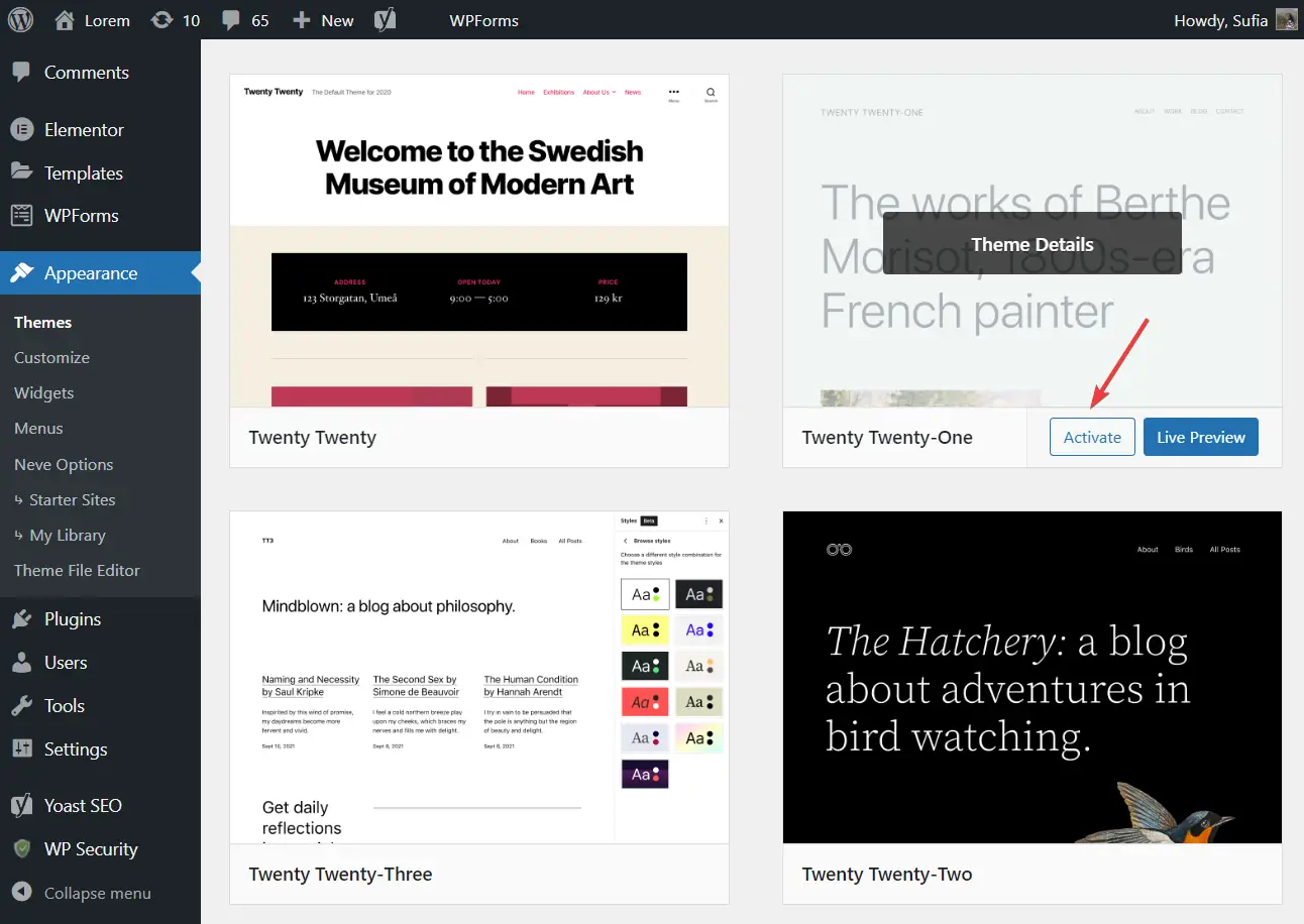 attivazione del tema wordpress predefinito