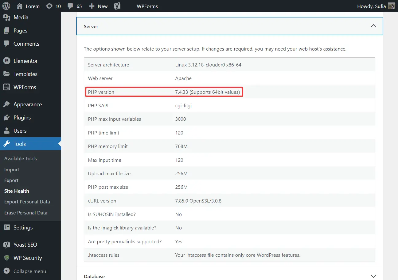 versione php del sito wordpress - elementor non si carica