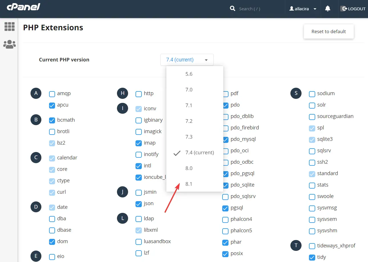 aggiornamento della versione php da cpanel