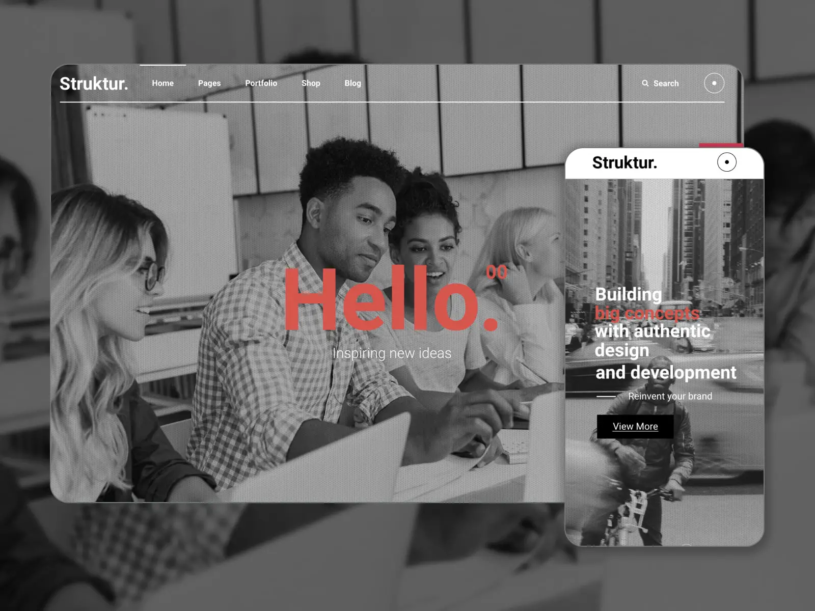 Collage del sito web dimostrativo del tema dell'agenzia Struktur nei colori grigio e bianco.