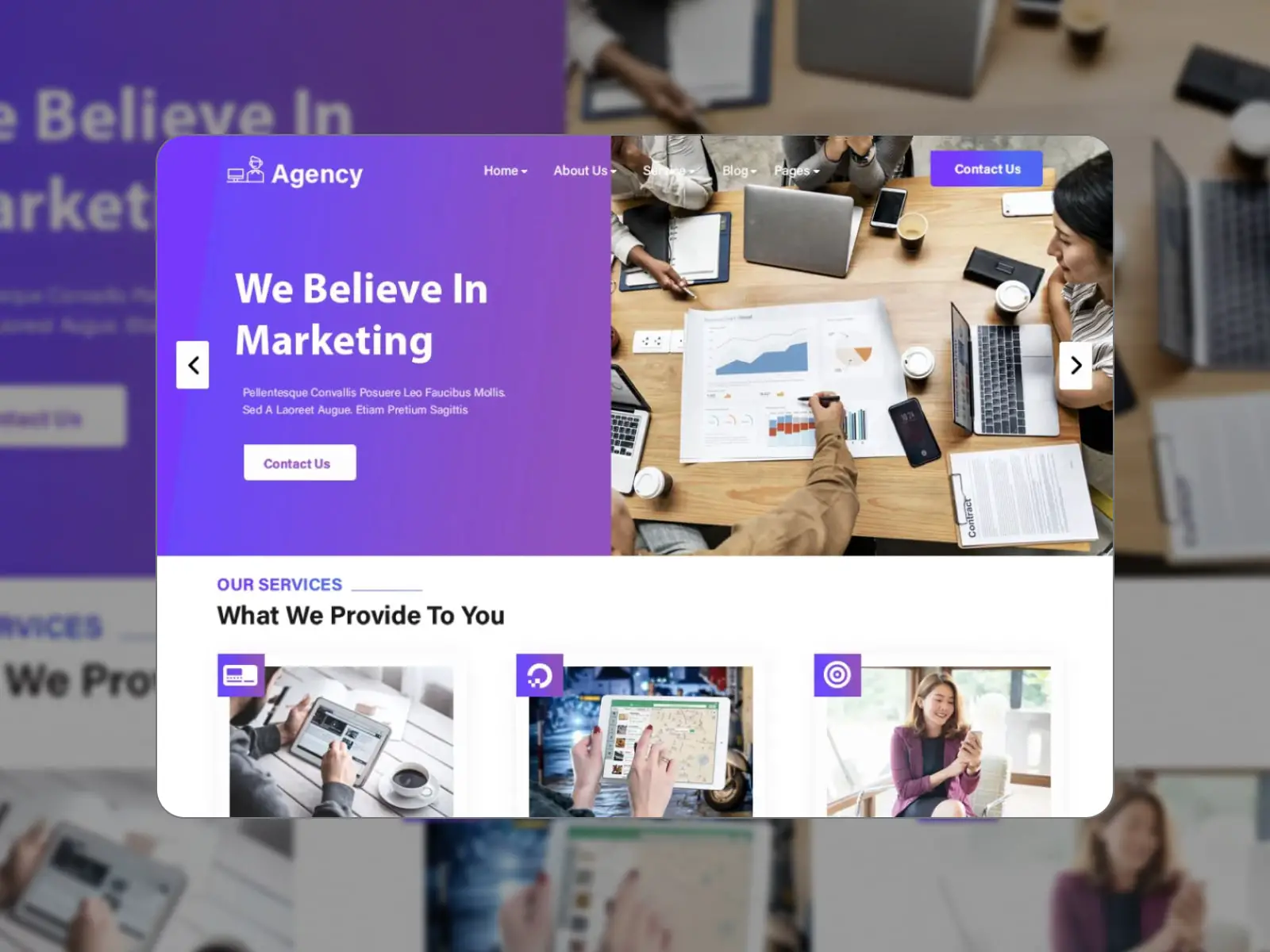 Collage del sito web dimostrativo del modello Digital Marketing Agency nei colori viola e bianco.