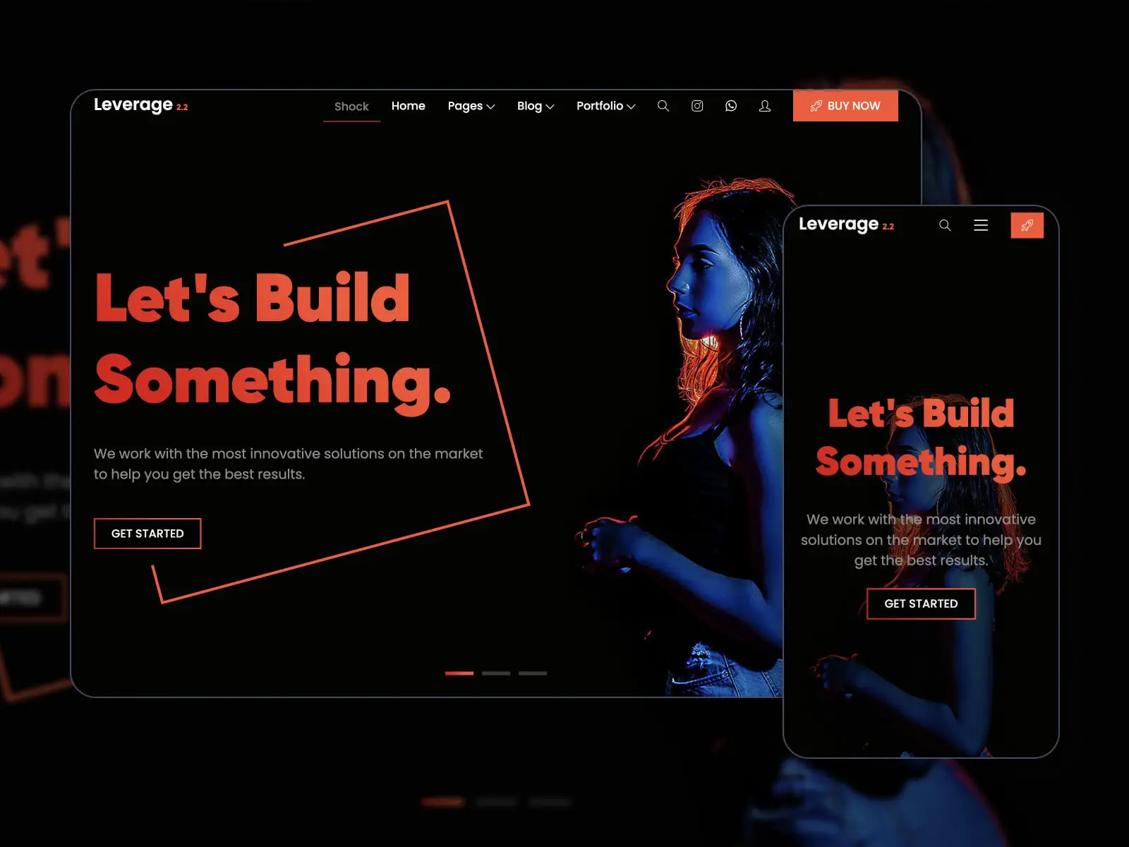 Collage del tema Leverage per un sito Web di un'agenzia digitale creativa in modalità oscura.
