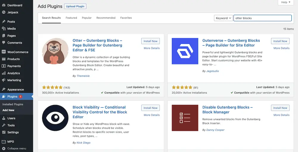 Layar Direktori Plugin WordPress di dalam dasbor WordPress.