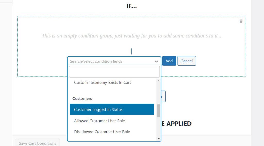 come-utilizzare-i-coupon-per-trasformare-gli-ospiti-in-clienti-paganti-in-3-facili-passaggi-4 - Coupon Avanzati Choosing Customer Logged In Status as the condition users must meet to receive a coupon