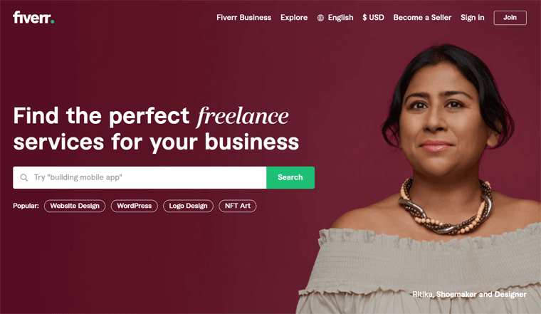 Fiverr 온라인 구인 웹사이트 예시