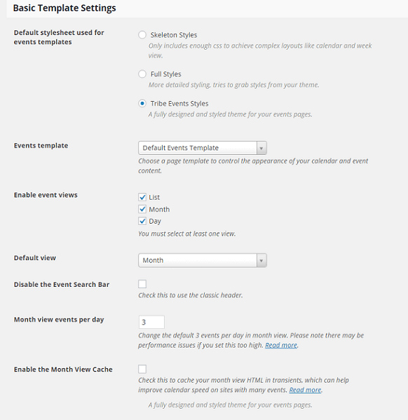 Evenimente Calendar Plugin, Setare