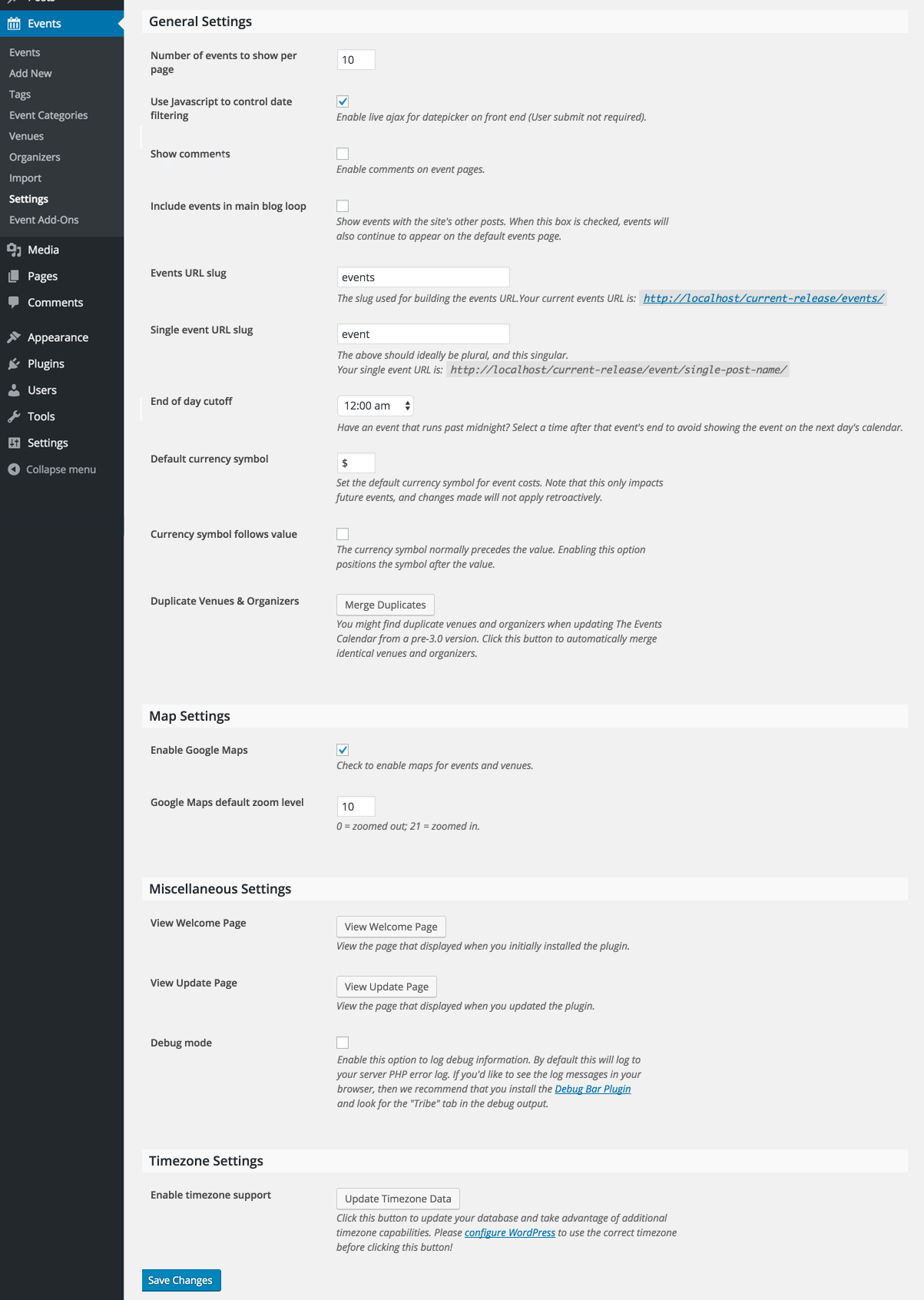 Evenimente Calendar Plugin, Setare