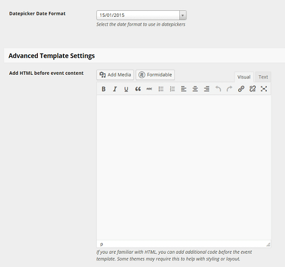 Plugin pentru calendarul evenimentelor, setări avansate