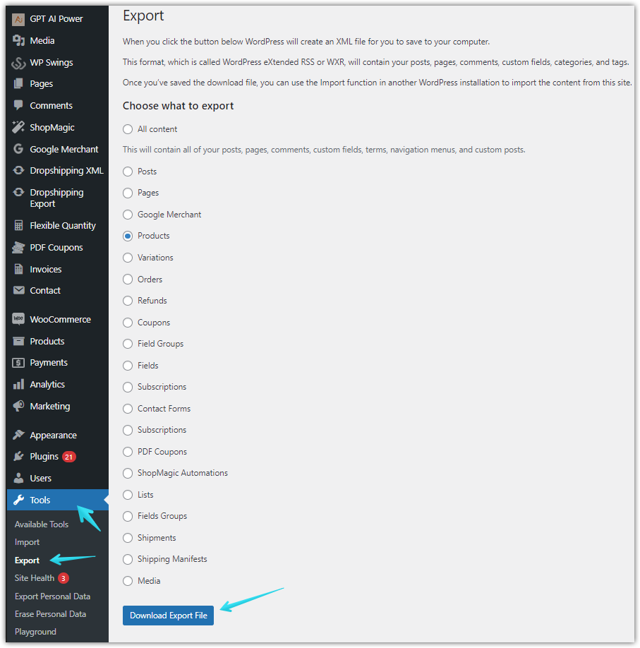 從 WordPress 下載導出文件