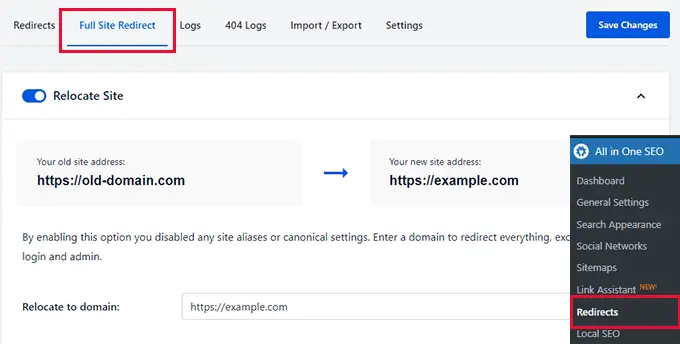 Reindirizzamento completo del sito in All in One SEO Full site redirect in All in One SEO