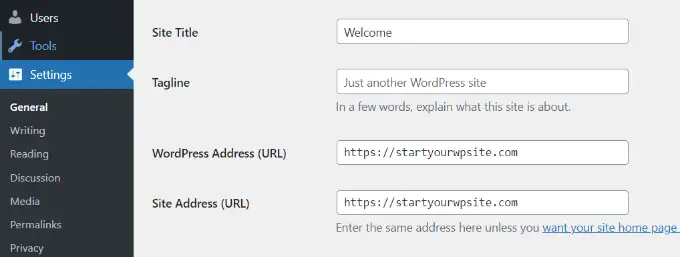 URL dell'indirizzo del sito Site address URL