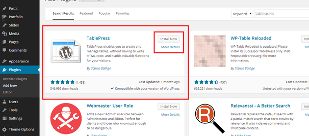 Installation de TablePress