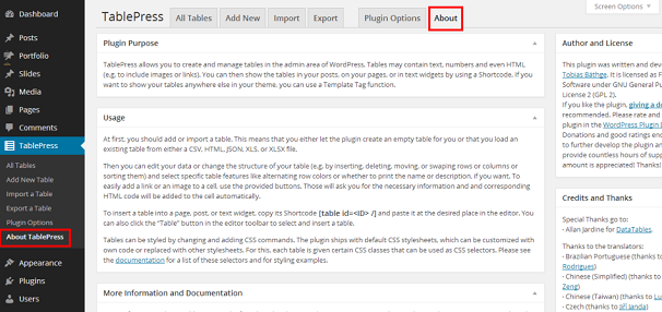 Installation de TablePress