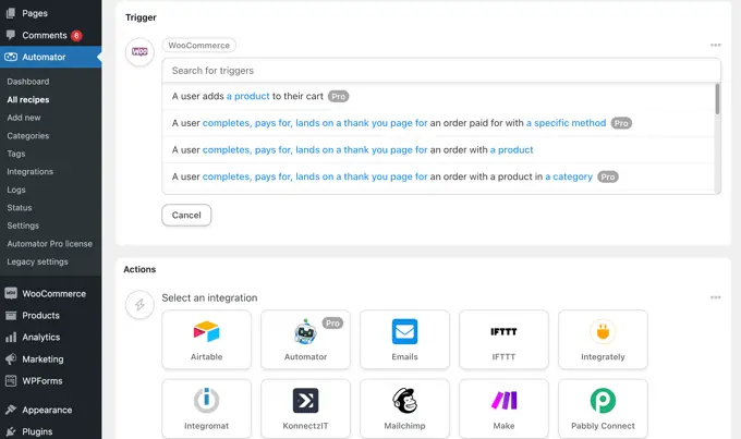 WooCommerce の Uncanny Automator トリガーとアクション
